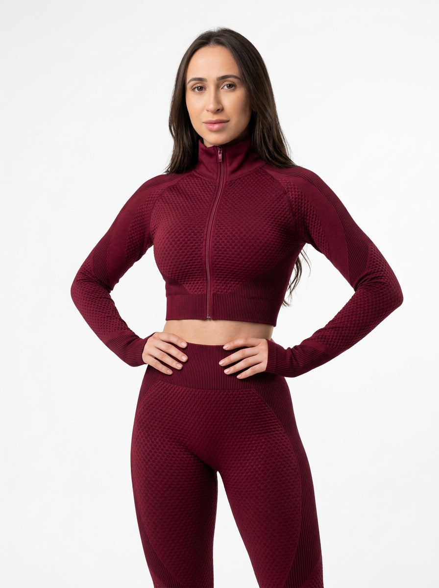 Conjunto Fitness Feminino Jaqueta Cropped + Legging Textura 3D Colmeia